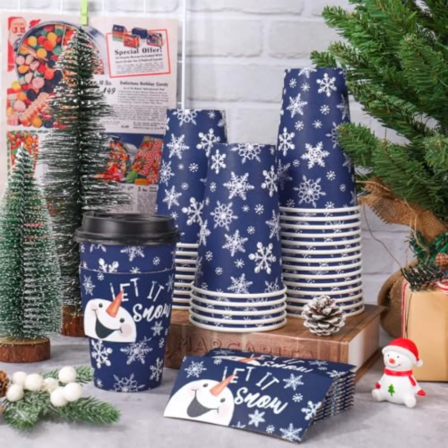 50 Pcs Christmas Coffee Paper Cups Xmas Blue Snowman Snowflake Disposable, view 4
