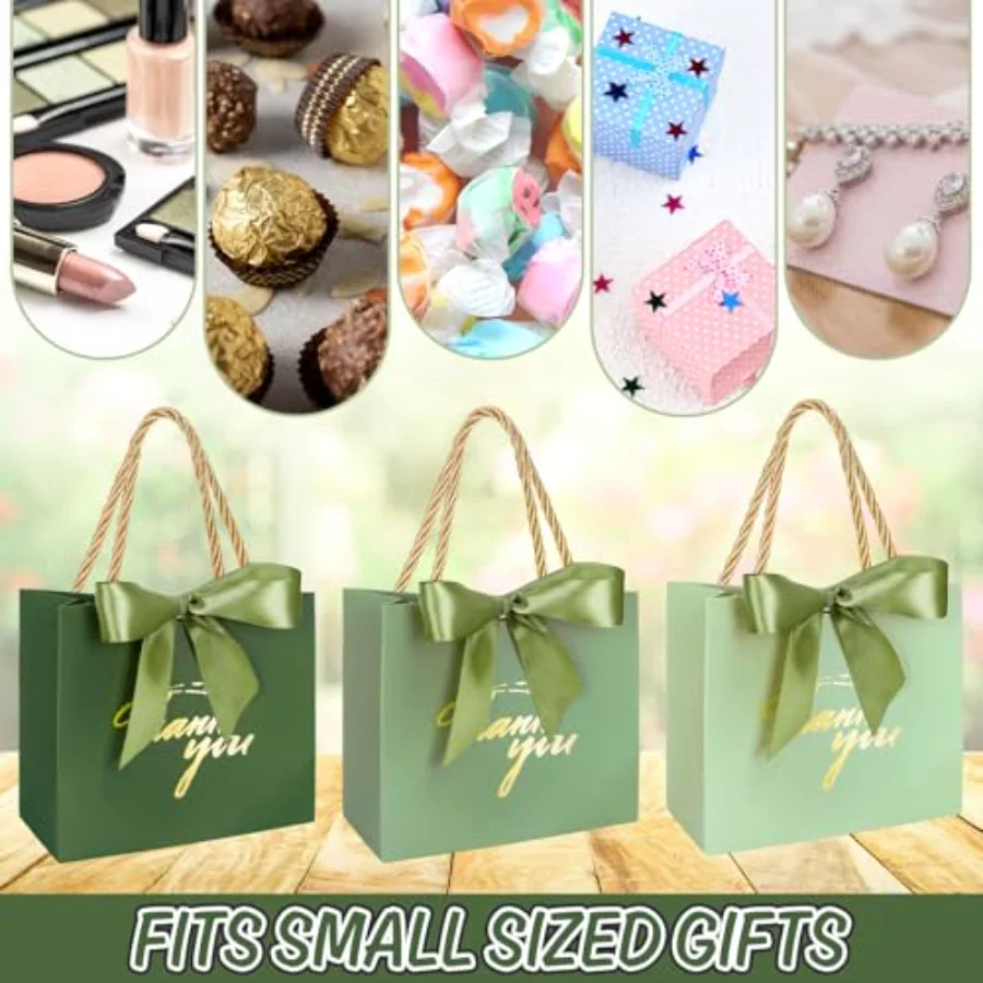 60Pcs Thank You Paper Gift Bags with Bow Gradient Sage Green Party Favor, view 4