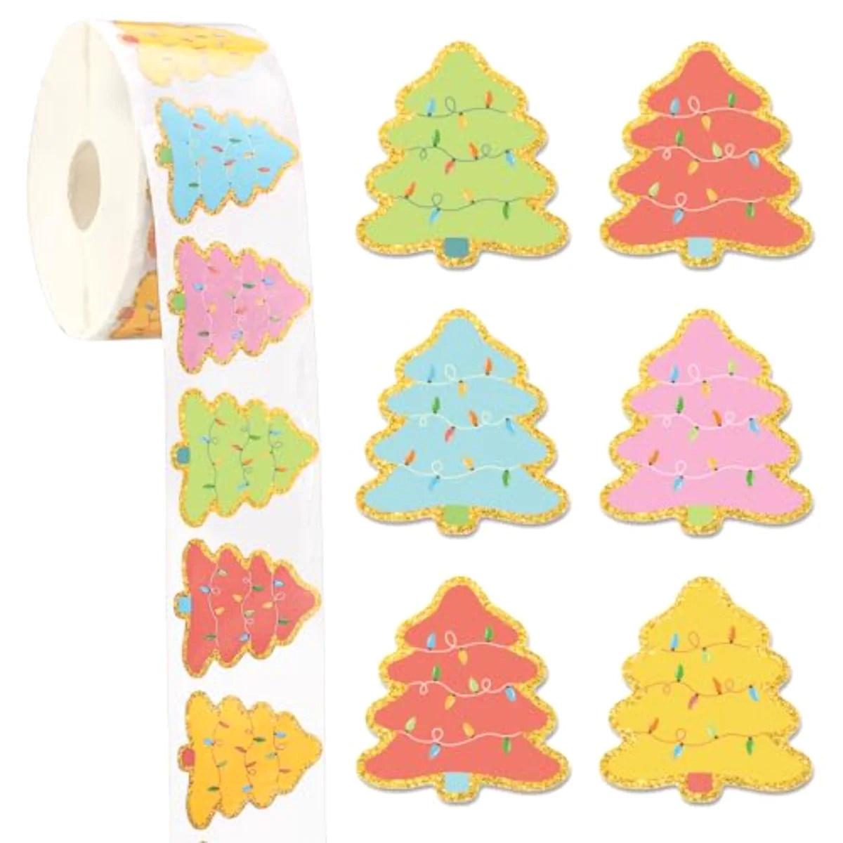 1000 Pcs Christmas Tree Stickers Roll Holographic Colorful Light Bulbs