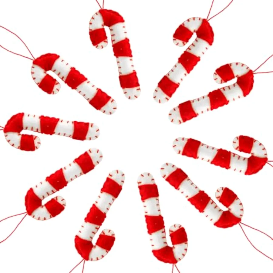 12Pcs Christmas Felt Hanging Ornament Red White Candy Cane for Xmas Tree, view 3