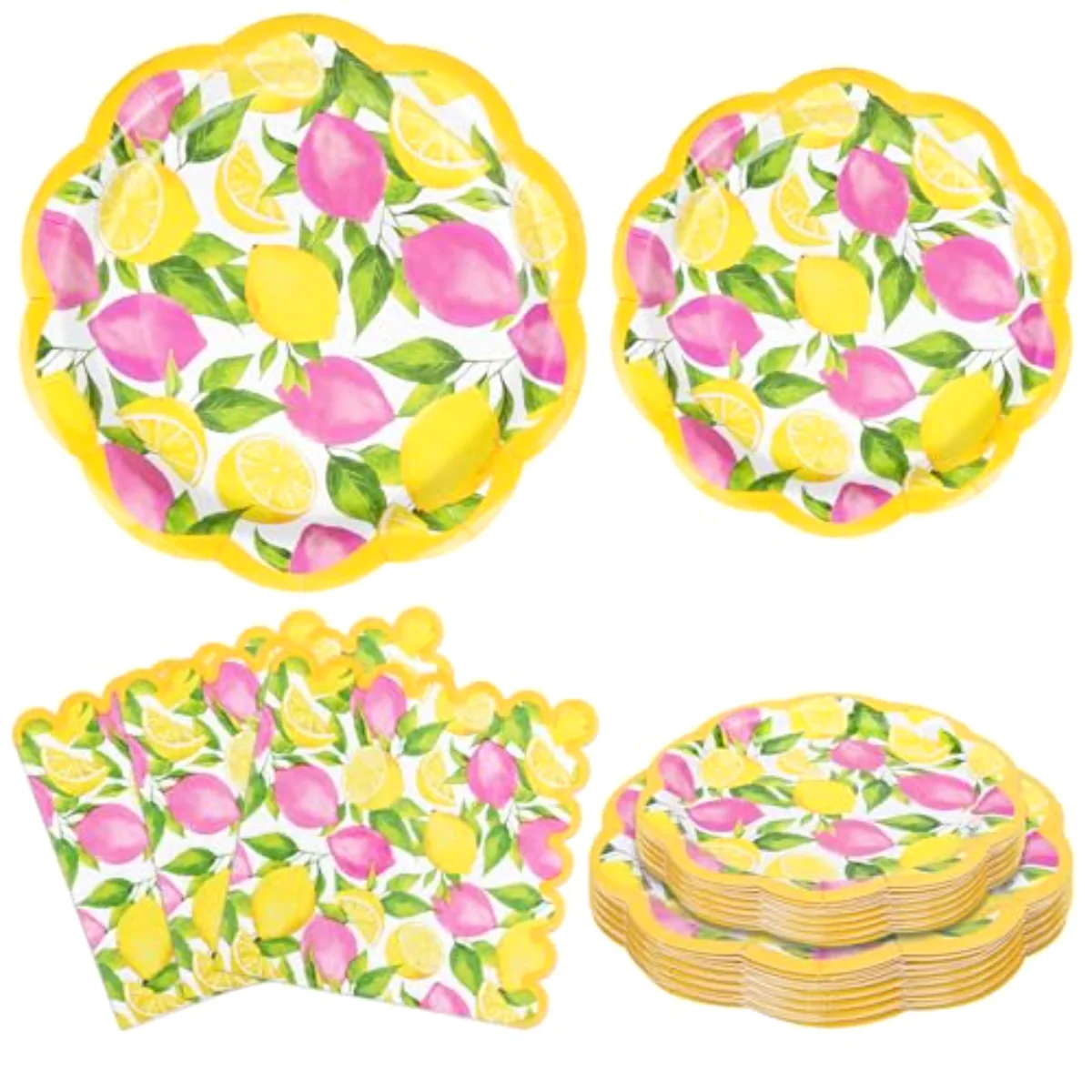 72 Pcs Summer Lemon Scalloped Tableware Set Pink Yellow Lemon Fruit