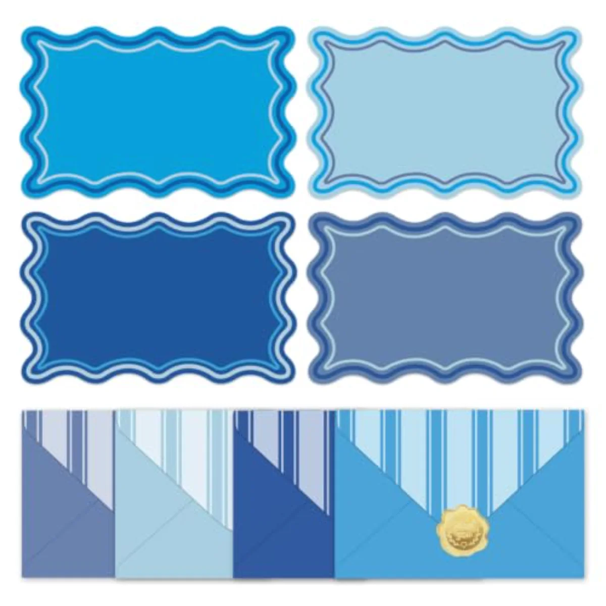 60Pcs Flat Blank Notes with Envelopes 4 Gradient Blue Wavy Border Blank