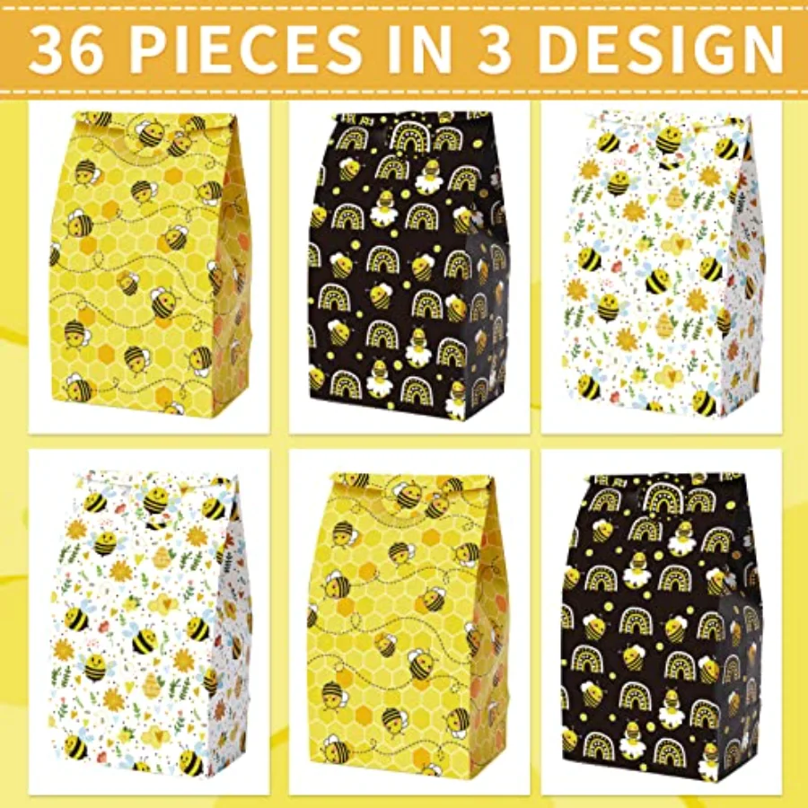 36Pcs Bee Party Favor Bags Honey Bee Rainbow Gift Bags Yellow Black White, view 3