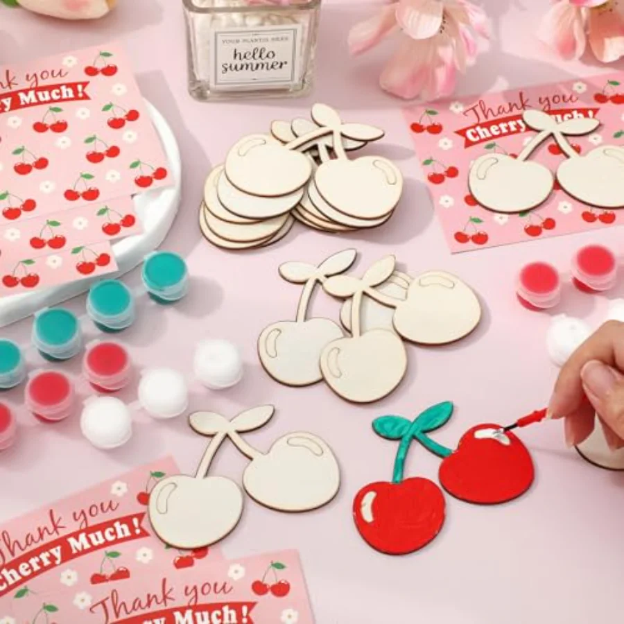 24 Sets Cherry Party Favors Cards with Wood Painting Crafts Bulk Blank, view 4