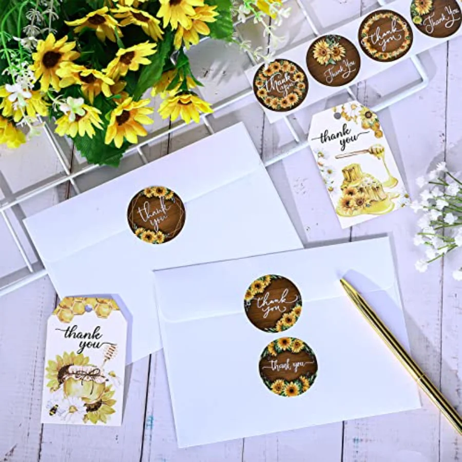 1000Pcs Sunflower Thank You Stickers Roll 8 Designs Floral Thank You Round, view 4