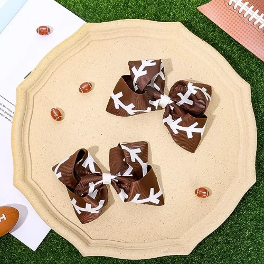 2Pcs Glitter Football Hair Bow Clips Brown and White Football Cheer Hair, view 4
