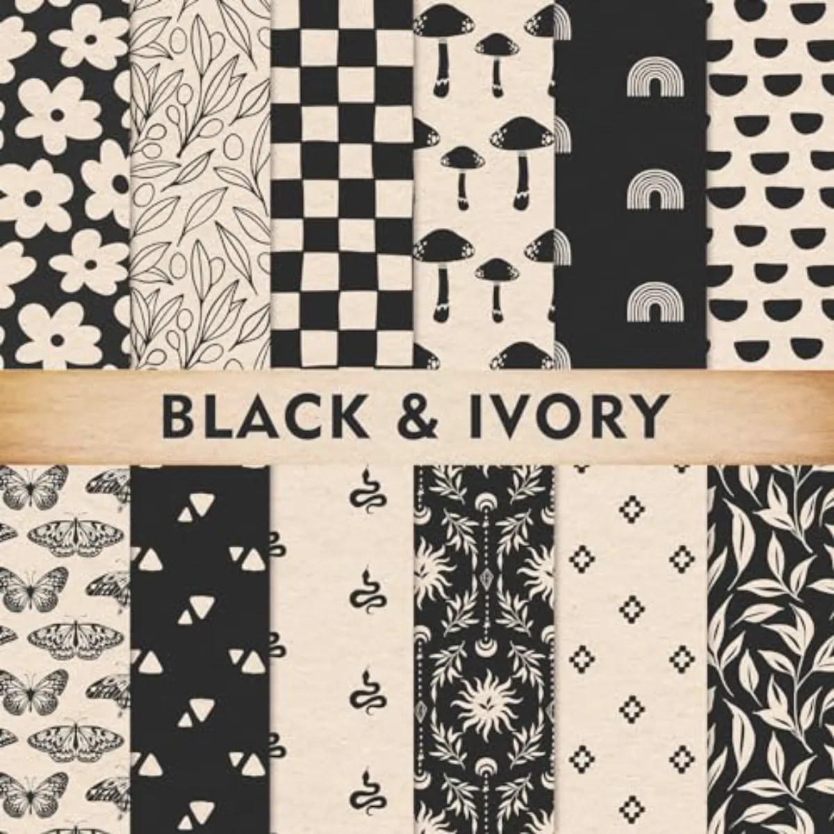 24Pcs Boho Ivory Pattern Paper Black Beige Scrapbook Specialty Paper