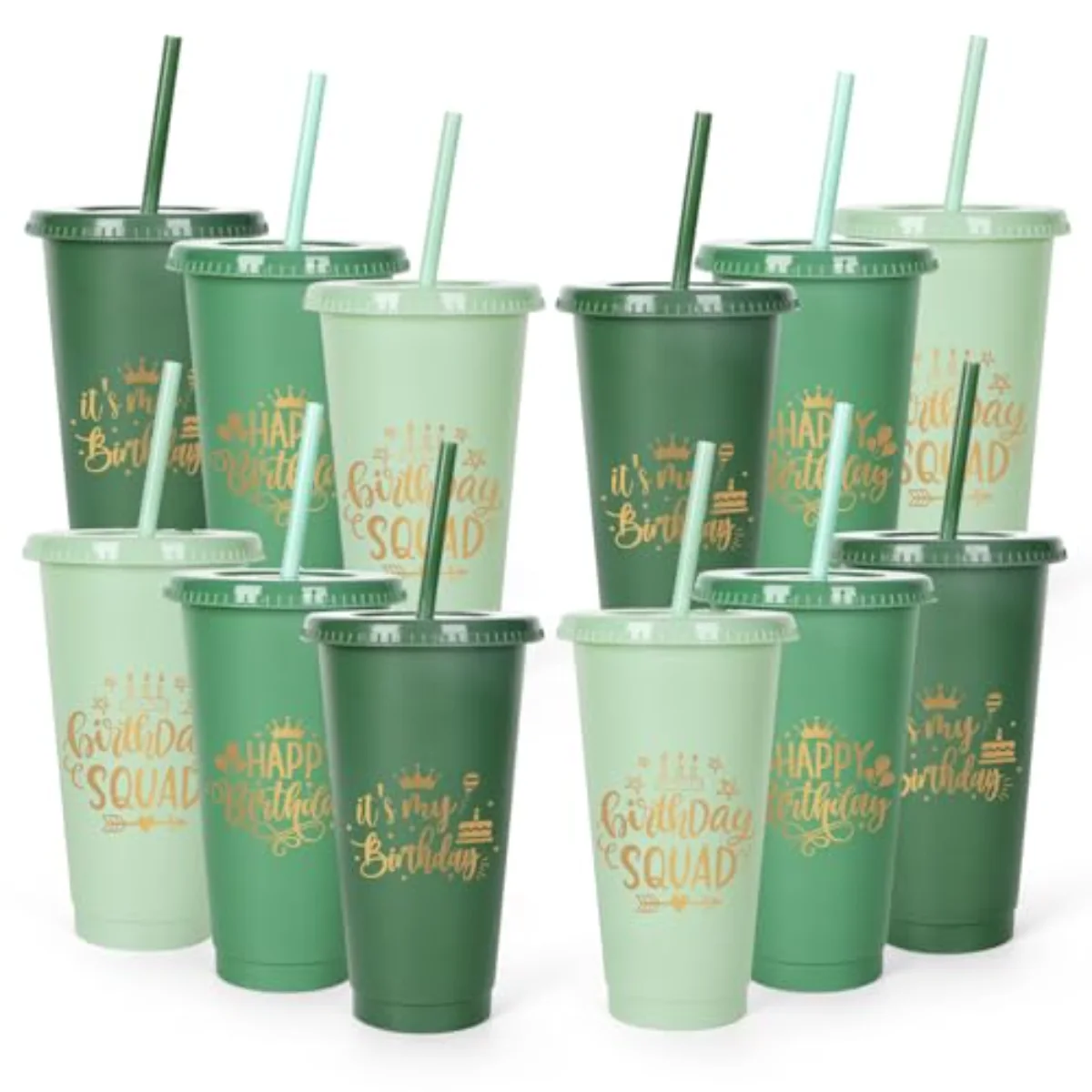 12Pcs Sage Green Plastic Cups with Lids Straws Birthday Party Cups