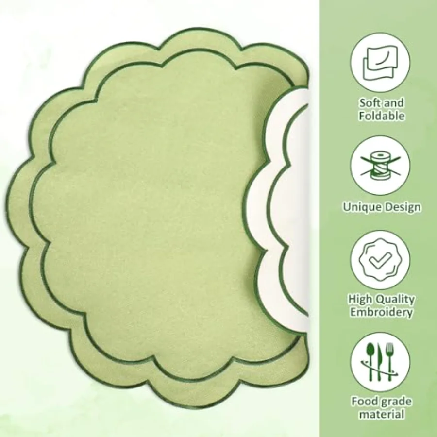 Green Linen Placemats Embroidered Round Scalloped Kitchen Place Mats for, view 3