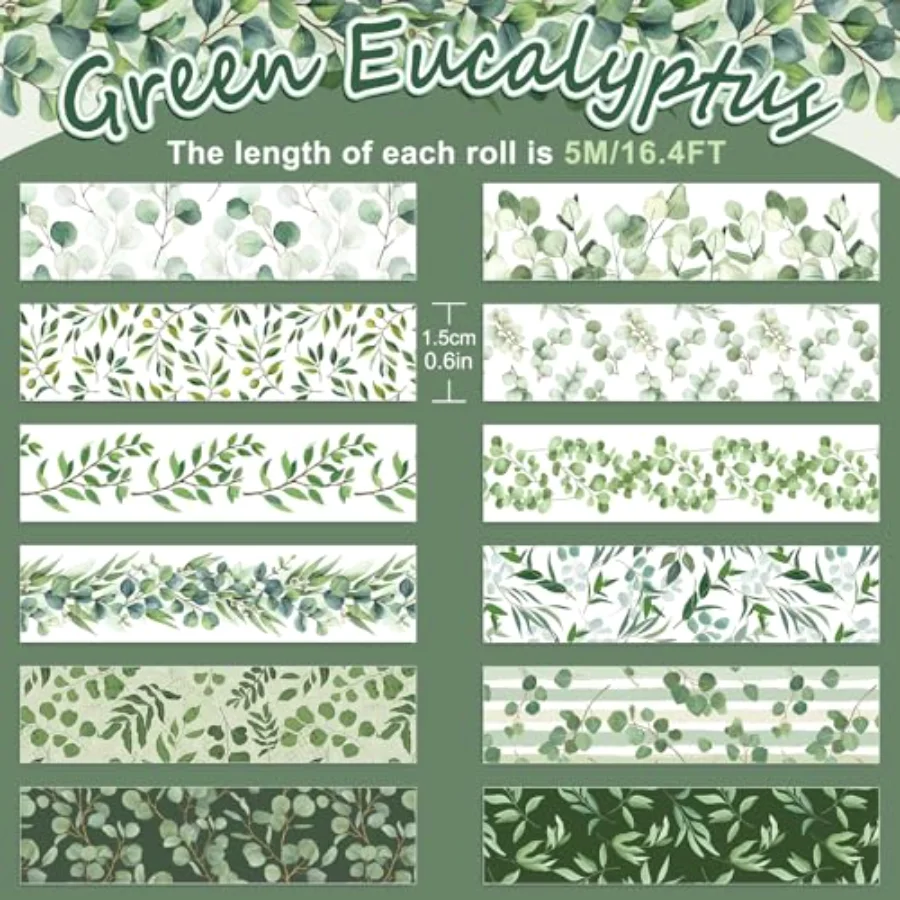 12 Rolls Greenery Washi Tapes Watercolor Plants Eucalyptus Masking Tape, view 2