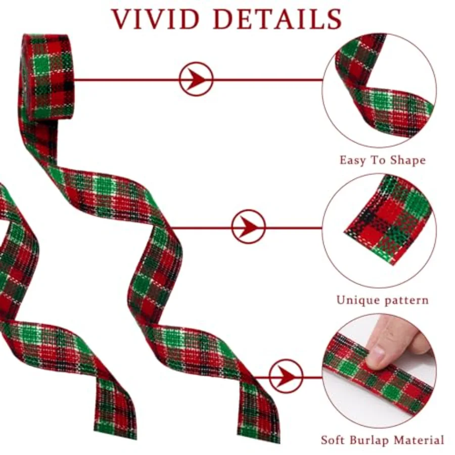10 Rolls 50 Yards Christmas Burlap Ribbon Rolls 1 Inch Wired Plaid, view 3