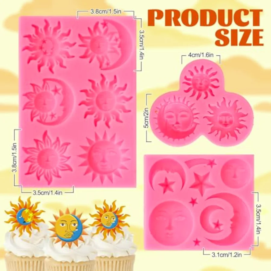 3 Packs Sun Moon Face Star Fondant Molds Ramadan Eid Mubarak Silicone, view 2
