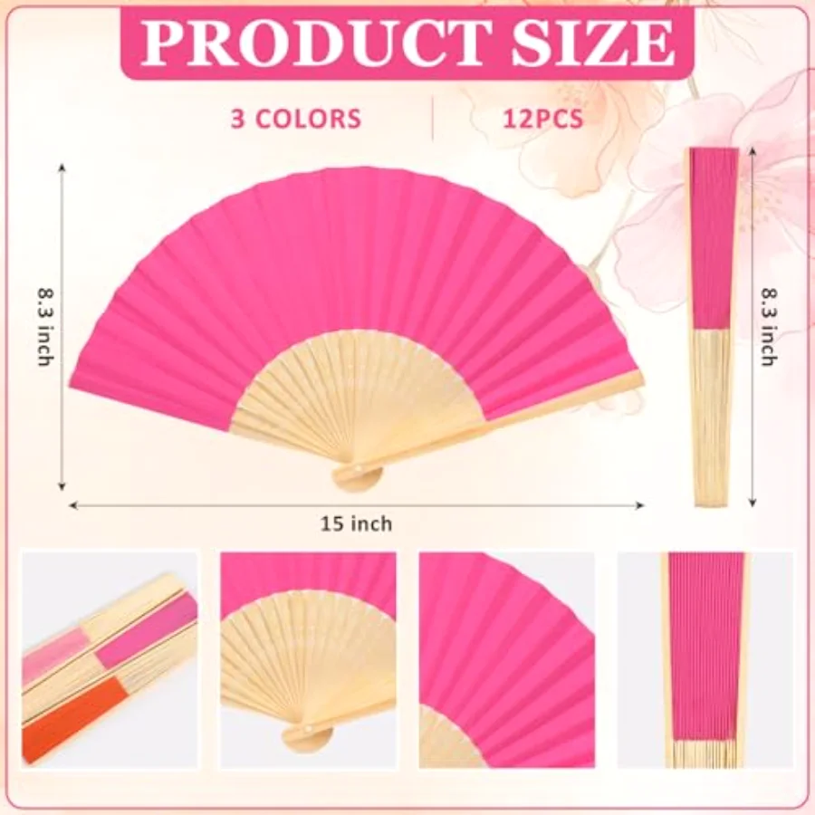 12Pcs Pink Orange Hand Fans 3 Assorted Colors Paper Folding Fans Summer, view 2