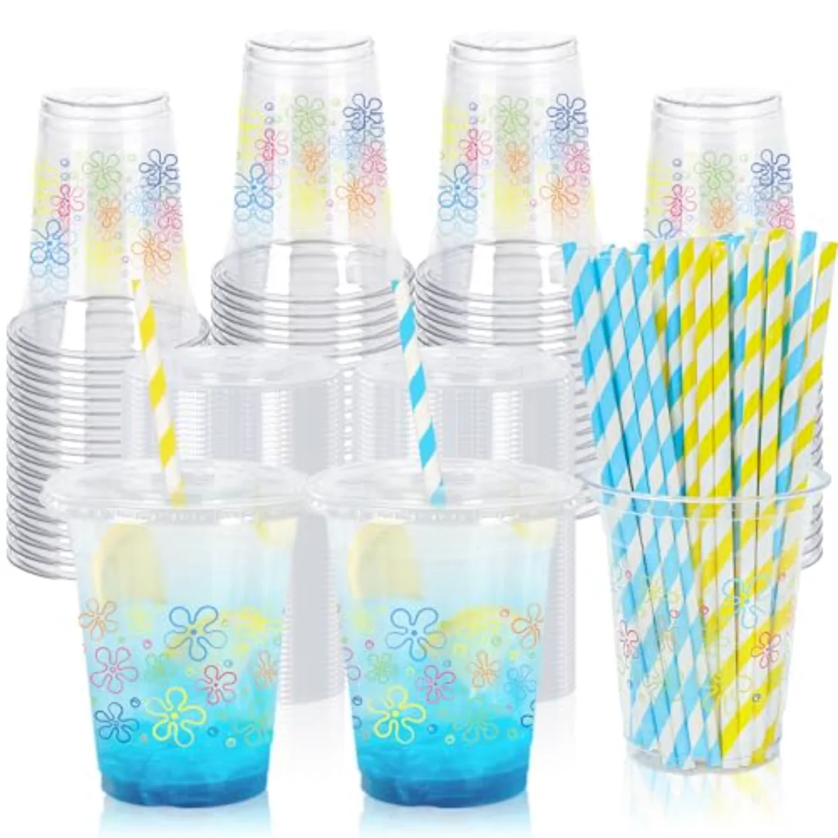 50Pcs Cartoon Sponge Plastic Cups with Lids Straws Colorful Bikini Flower