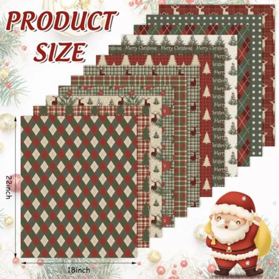 12Pcs Cotton Fabric Bundles Woodland Poinsettia Reindeer Tree Printed Fat, view 2