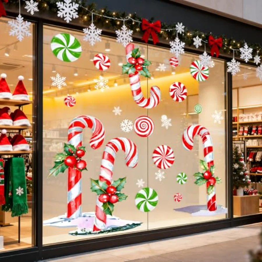 13.8 x 35.4'' Extra Large Christmas Window Clings Red Green Candy Cane, view 3