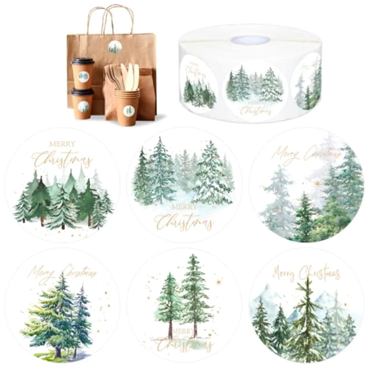 1000Pcs Merry Christmas Stickers Roll Watercolor Forest Decals Green Xmas