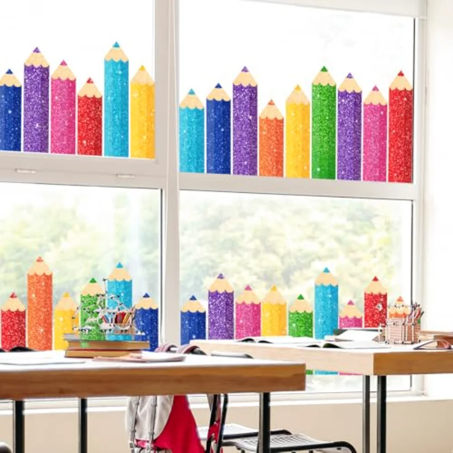 9 Sheet Back to School Colorful Glitter Pencil Window Clings Sparkly, view 4