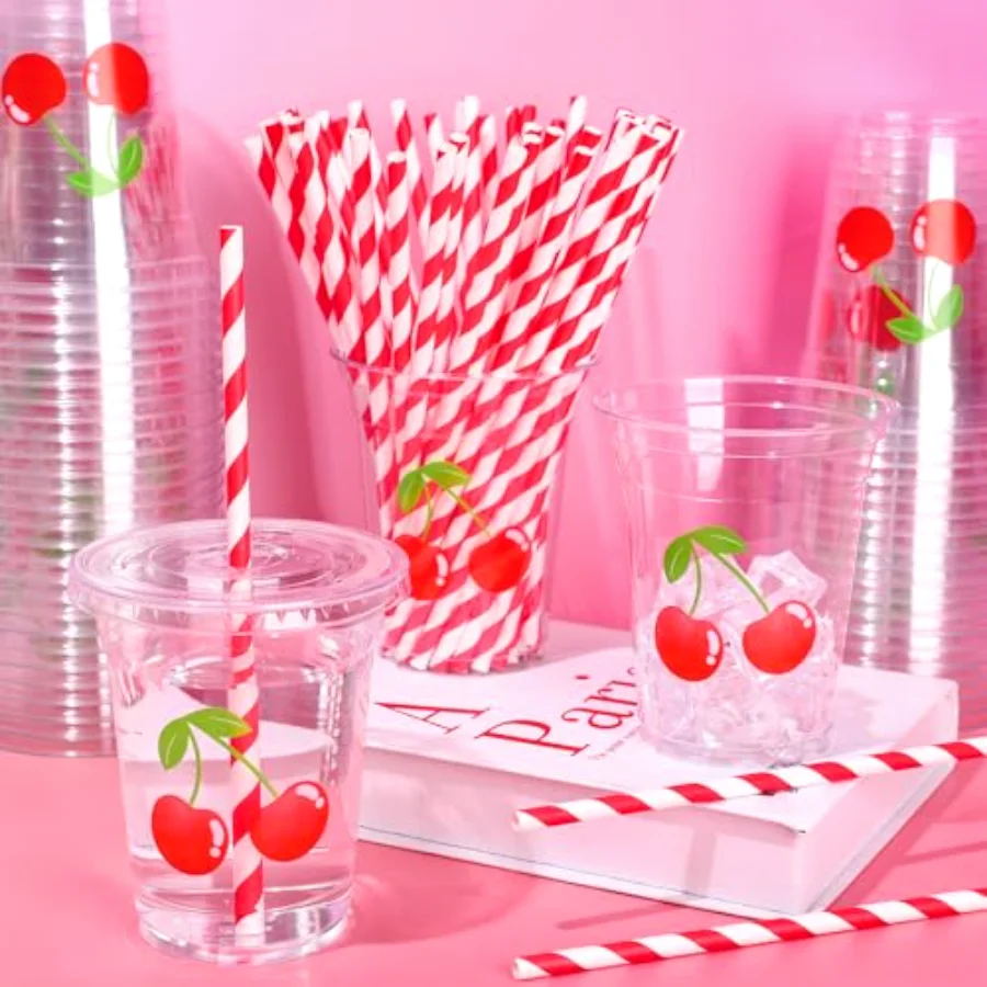 50 Pcs 12 Oz Cherry Disposable Plastic Cups with Lids and Straws Cute Red, view 4