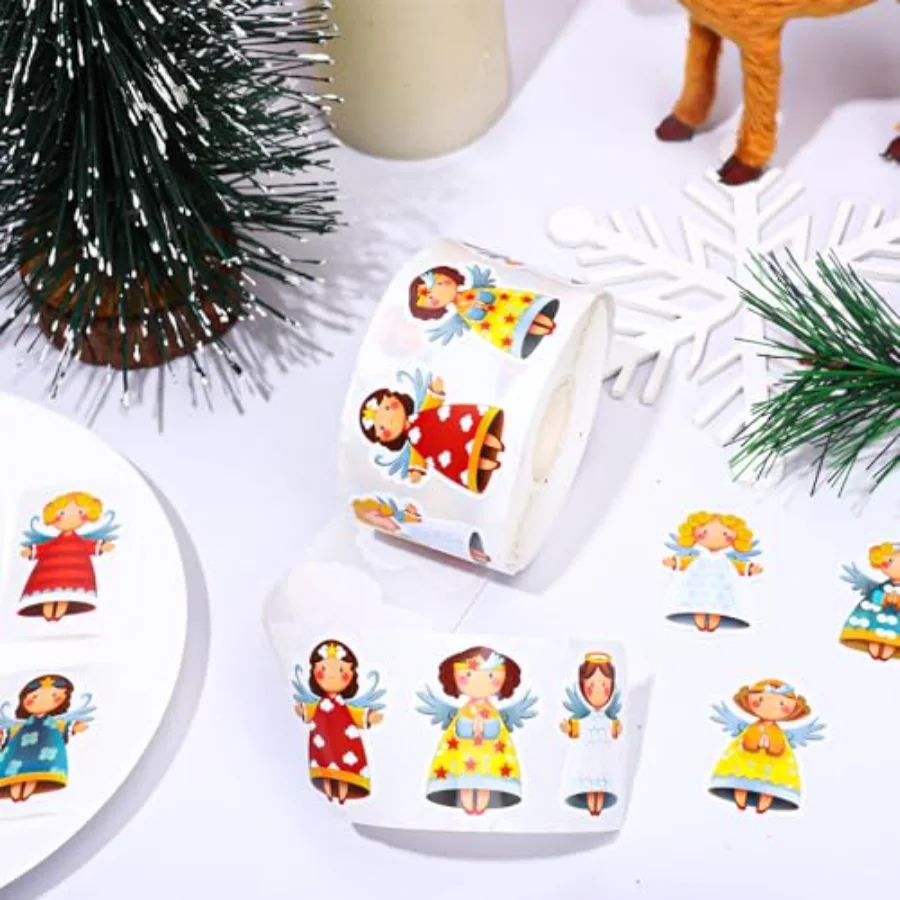 1000Pcs Christmas Angel Stickers Roll Xmas Cartoon Angel Decals 8 Design, view 3