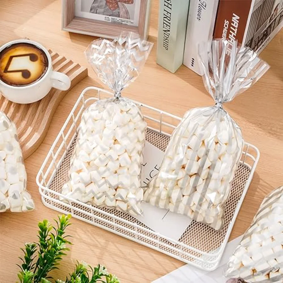 160 Pcs Silver Cellophane Bags with Twist Ties Stripe Wave Dot Print, view 4