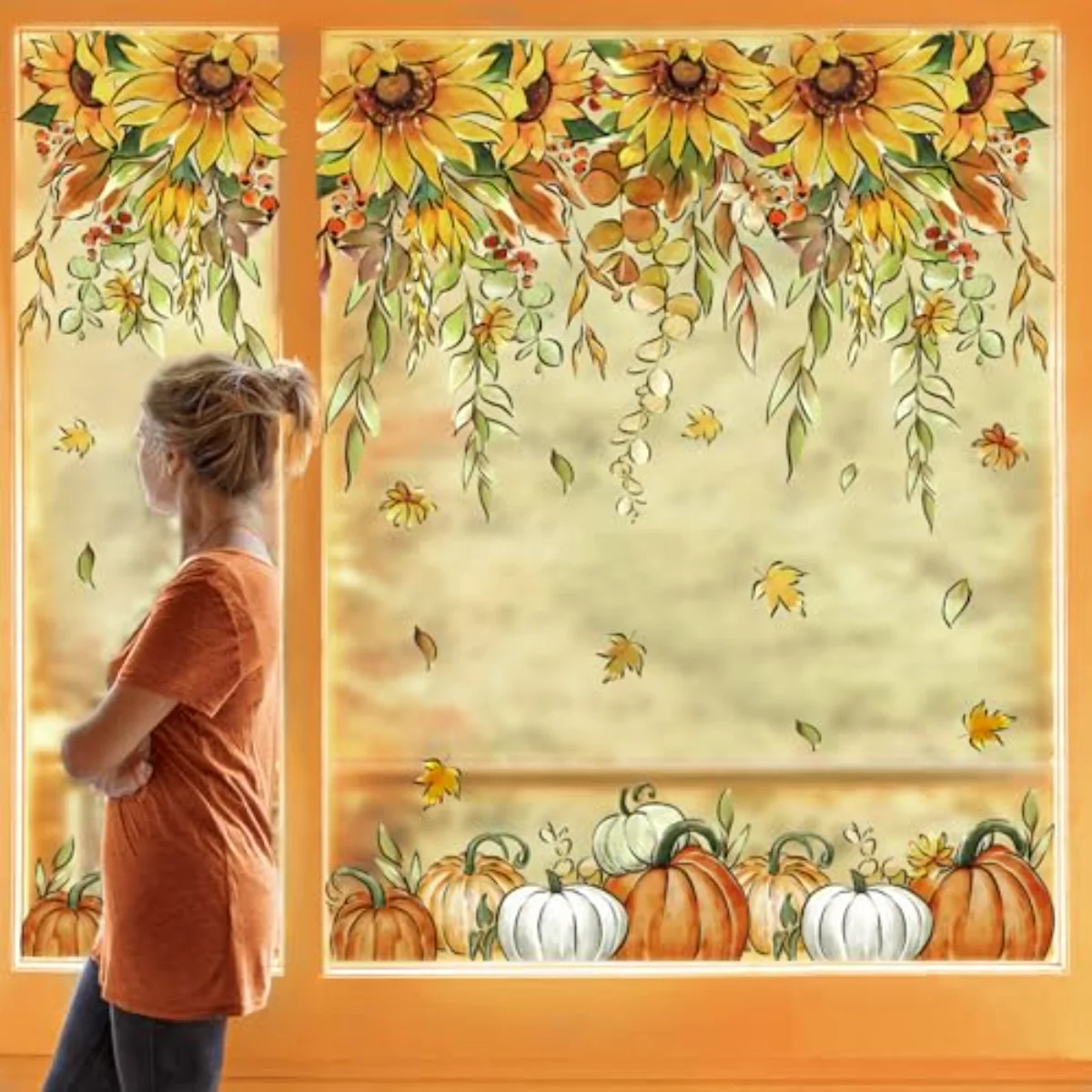 9 Sheets Fall Sunflower Window Clings Hanging Flower Vine Pumpkin Window