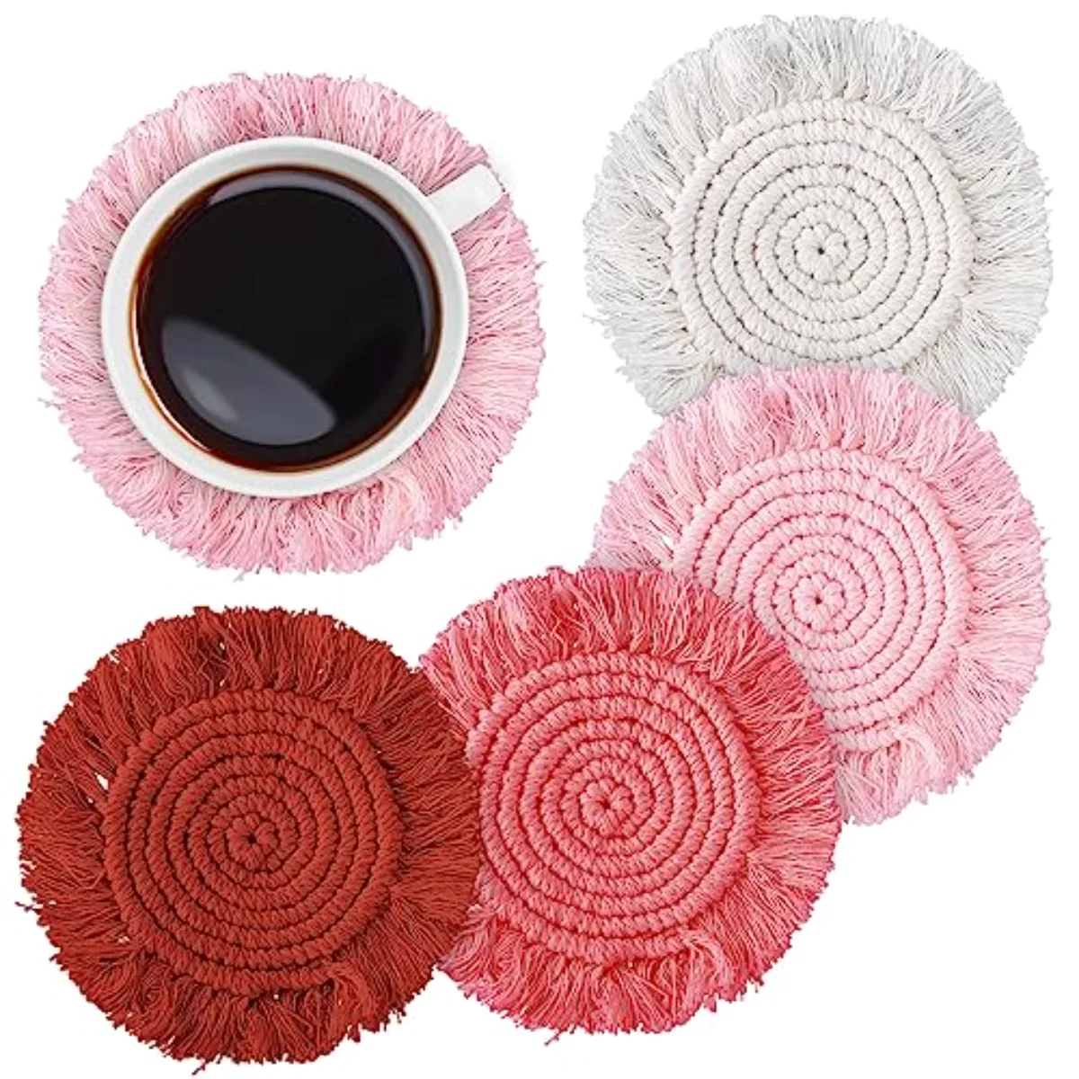 Boho Macrame Coasters Set of 4 Handmade Red Pink White Woven Coaster for