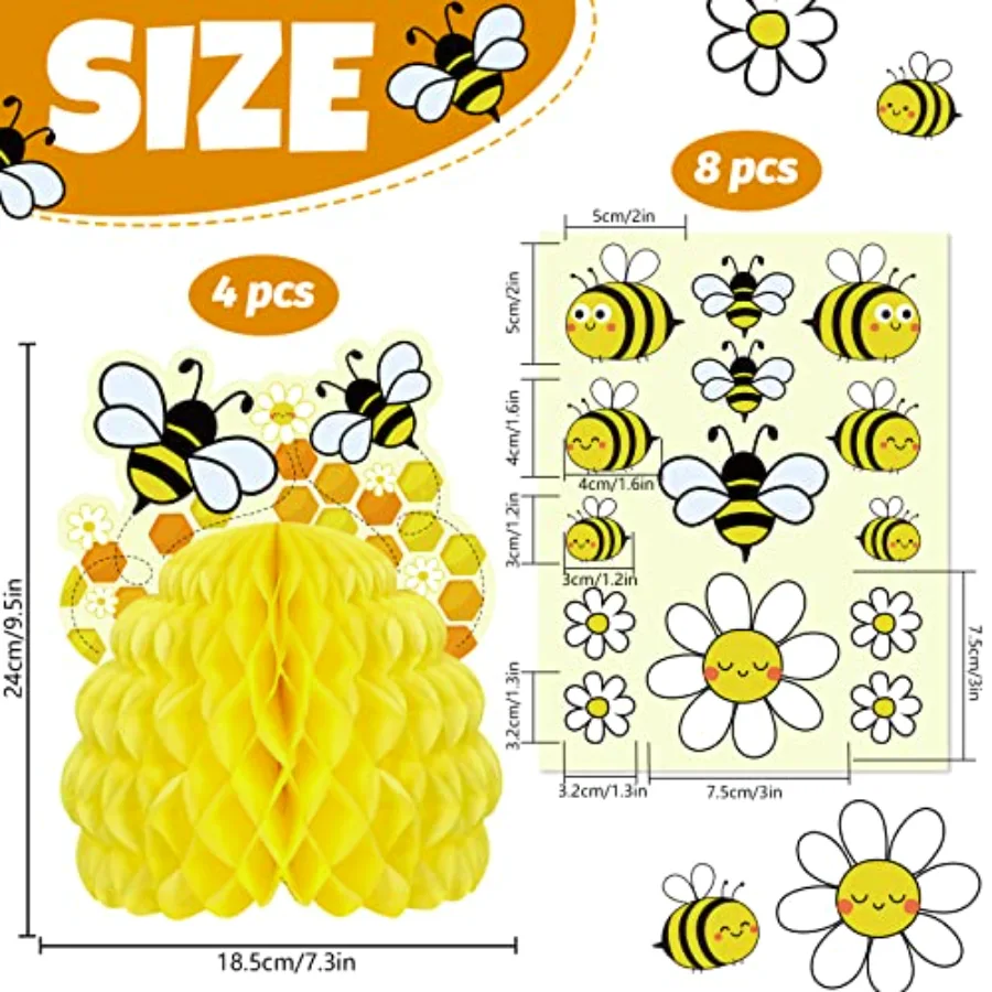 4Pcs Bee Party Decorations Yellow Honeycomb Centerpiece Spring Summer, view 2