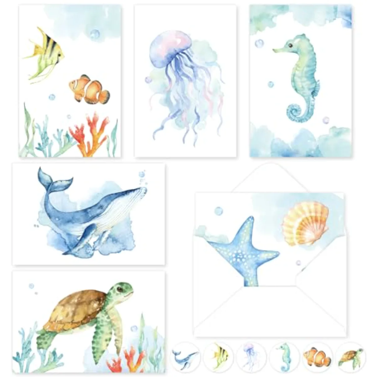 30Pcs Ocean Greeting Card with Envelope Sticker