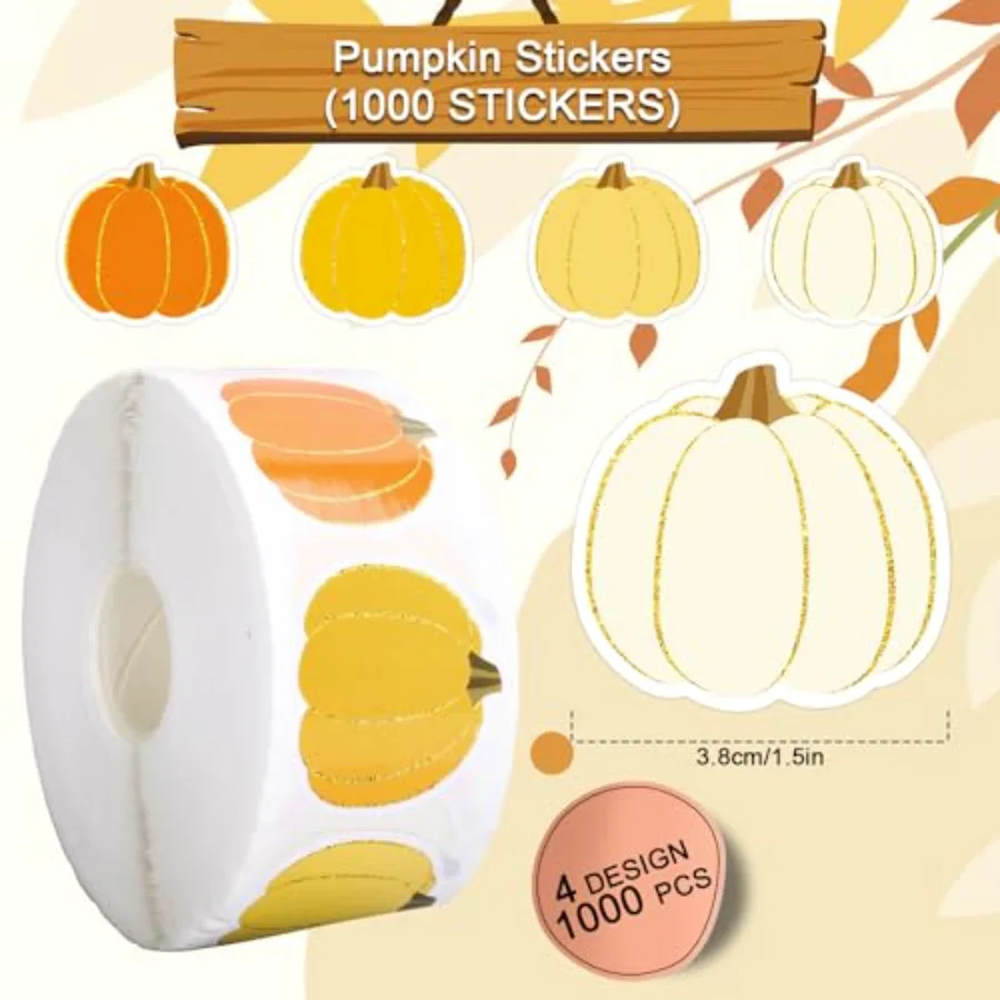 1000 Pcs Fall Thanksgiving Pumpkin Stickers Roll Orange Yellow Colored, view 2