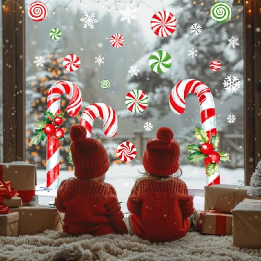 13.8 x 35.4'' Extra Large Christmas Window Clings Red Green Candy Cane, view 4