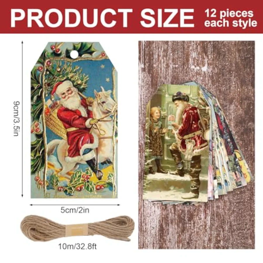 120Pcs Vintage Christmas Paper Gift Tags with Hemp Rope Santa Hanging Tag, view 2