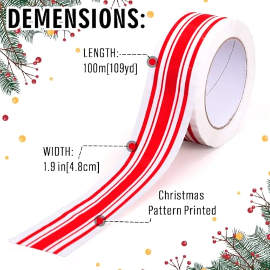109 Yard Christmas Packing Tape Gift Wrapping Tape Red White Xmas Striped, view 2