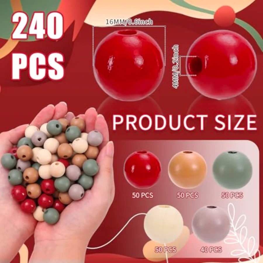 240Pcs Christmas Wooden Beads Vintage Red Green Beige Round Loose Bead, view 2