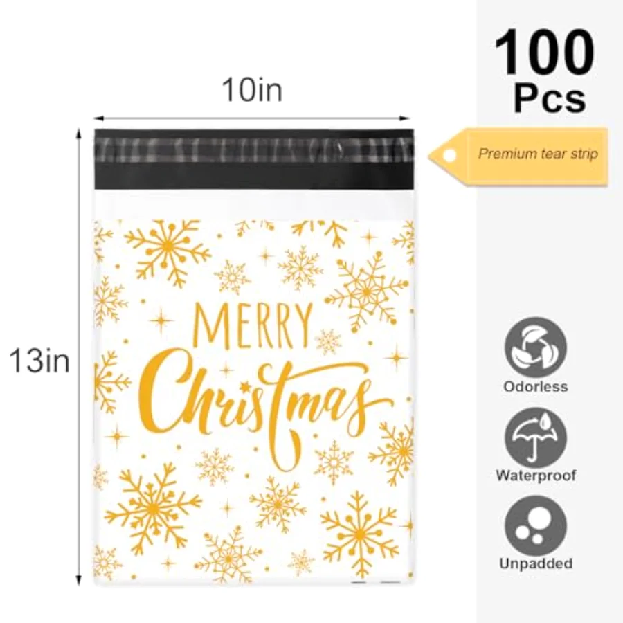 100Pcs Merry Christmas Poly Mailer 10 x 13 Inch Gold Snowflake Mailing, view 2