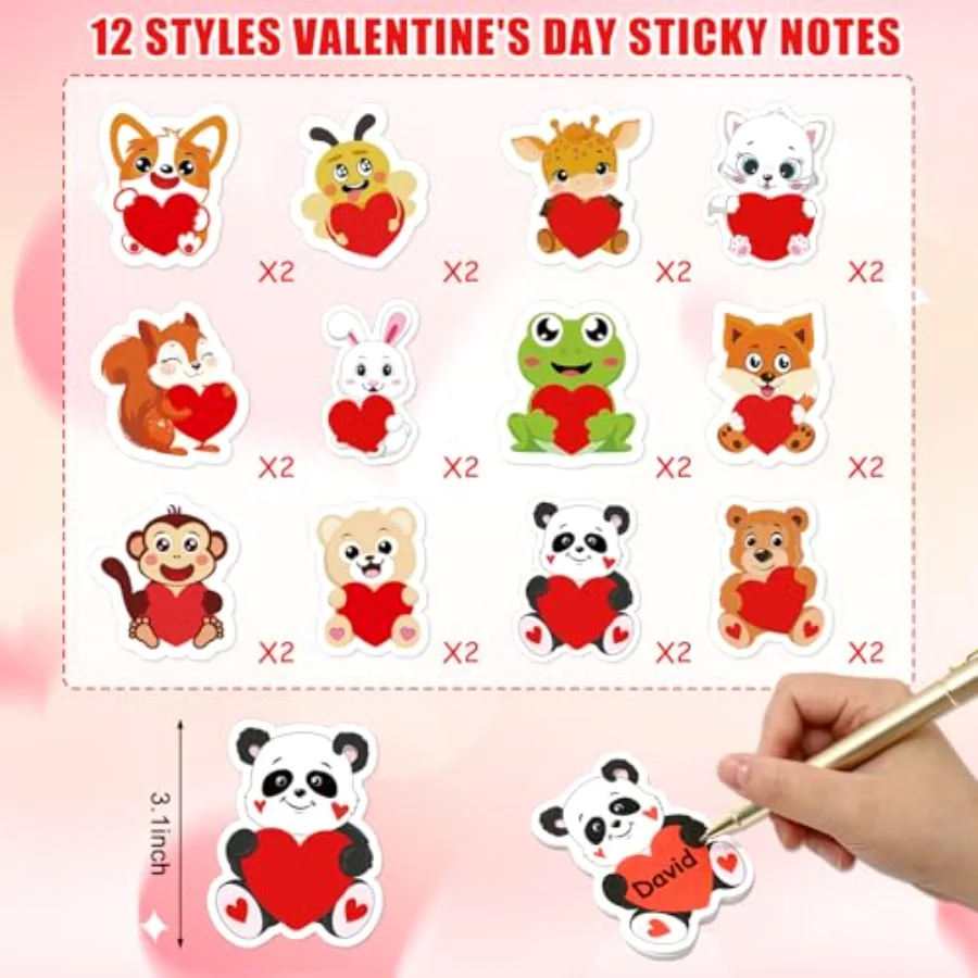24 Pack Valentine's Day Sticky Notes Memo Pads Red Heart Animal 12 Designs, view 2