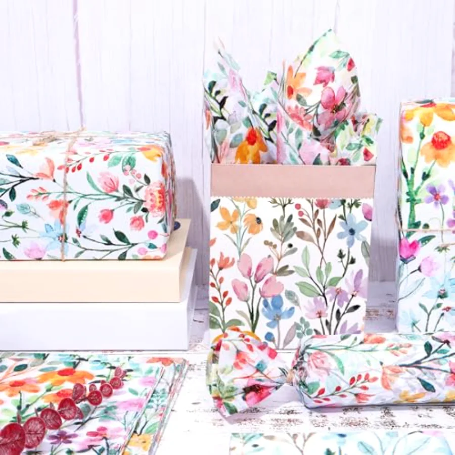 100 Sheets Floral Tissue Paper Watercolor Spring Summer Flowers Gift, view 3