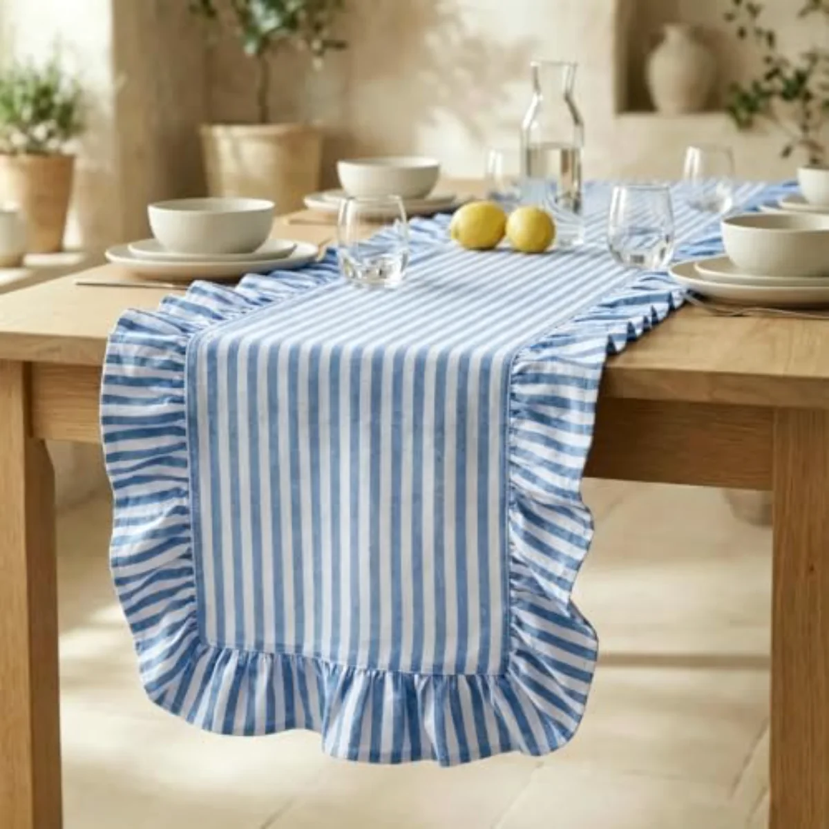 Ruffle Table Runner, Blue White Stripe