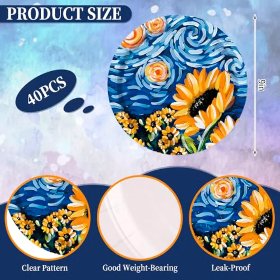 40 Pcs Starry Night Sunflower Paper Plates 9 Inch Disposable Plates Van, view 2
