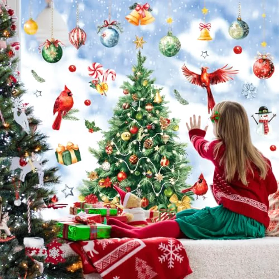 6 Sheet Large Christmas Window Clings Watercolor Xmas Tree Cardinal Bird, view 2