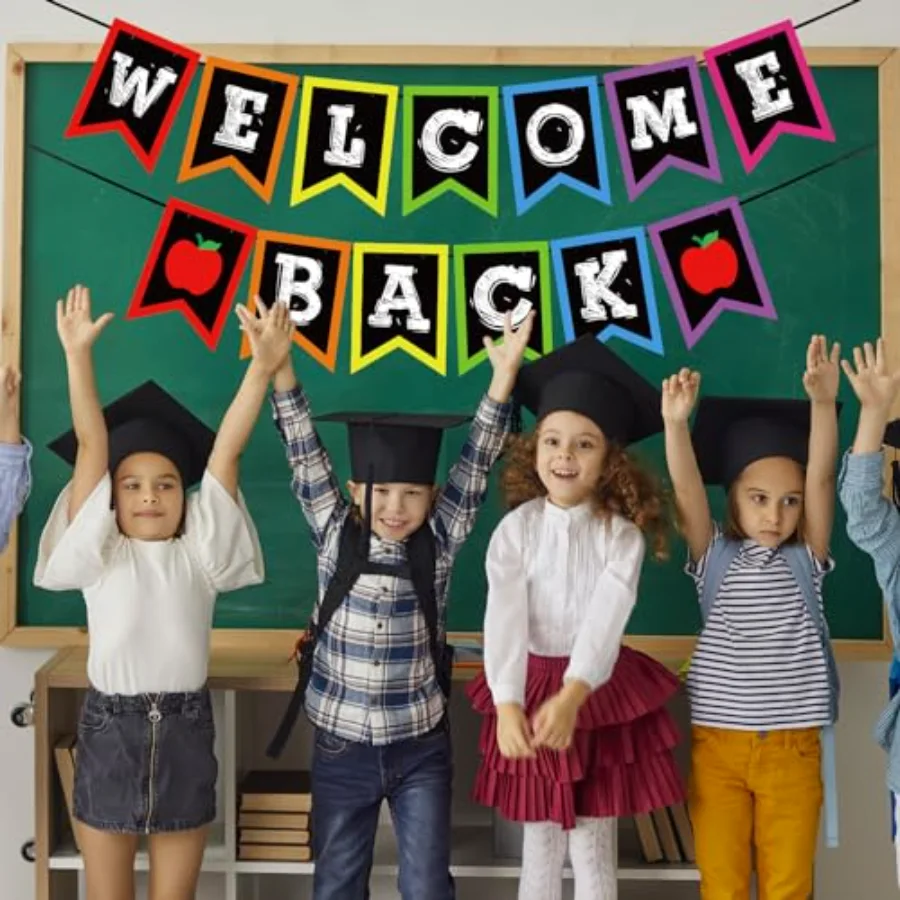 Welcome Back to School Banner Colorful Chalkboard Sign Rainbow Welcome, view 4