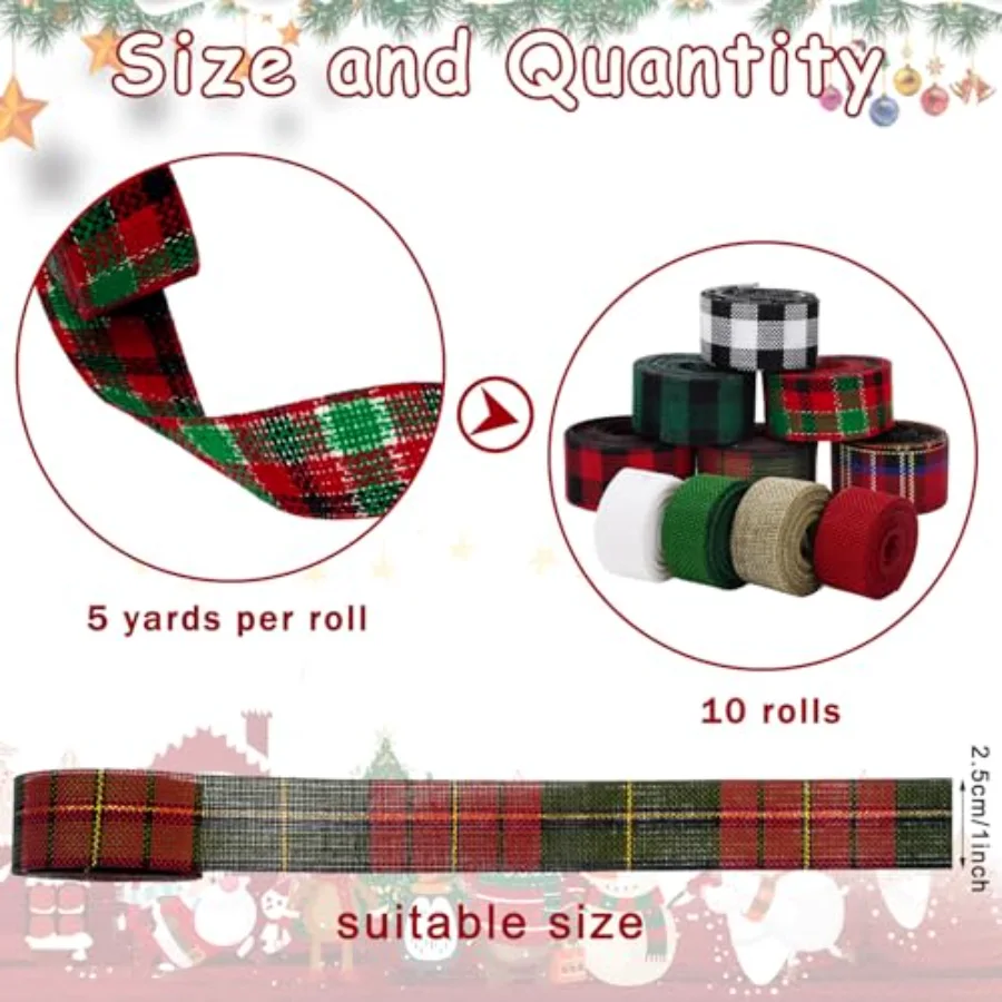 10 Rolls 50 Yards Christmas Burlap Ribbon Rolls 1 Inch Wired Plaid, view 2