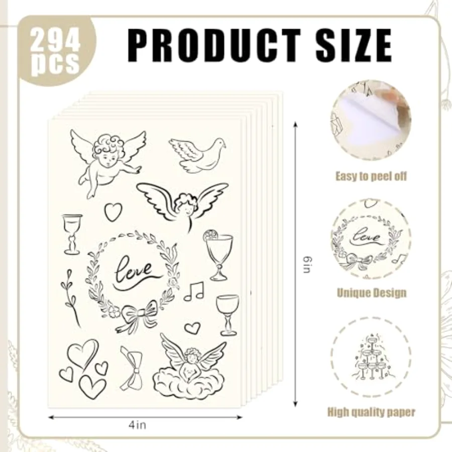 294Pcs Wedding Stickers Seal Decals Black Beige Groom and Bride Cupid, view 2