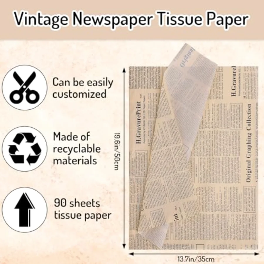 90 Sheets Vintage Newspaper Tissue Paper Old Newsprint Gift Wrapping Paper, view 2