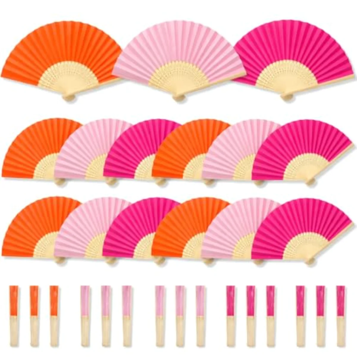 12Pcs Pink Orange Hand Fans 3 Assorted Colors Paper Folding Fans Summer