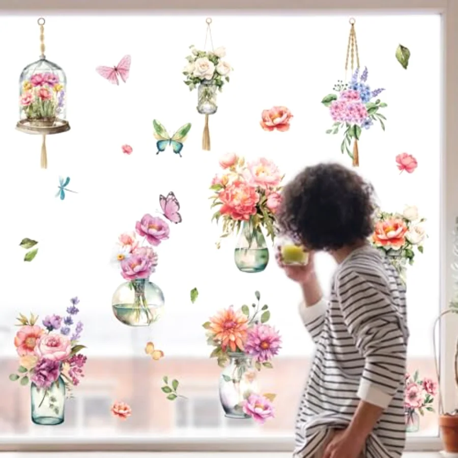 9 Sheets Spring Window Clings Watercolor Flower Vase Butterfly Aesthetic, view 4