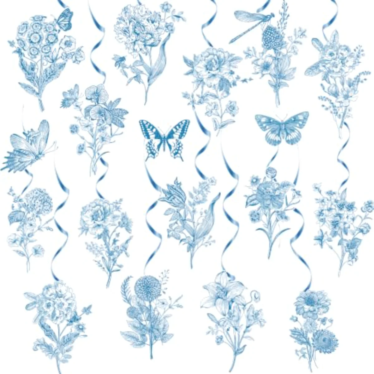 18Pcs Blue Floral Hanging Swirls Chinoiserie Flower Ceiling Spiral