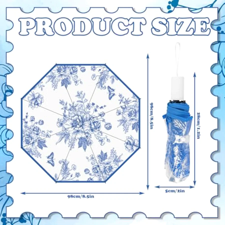 Blue Floral Clear Travel Umbrella Vintage Flower Waterproof Windproof, view 2