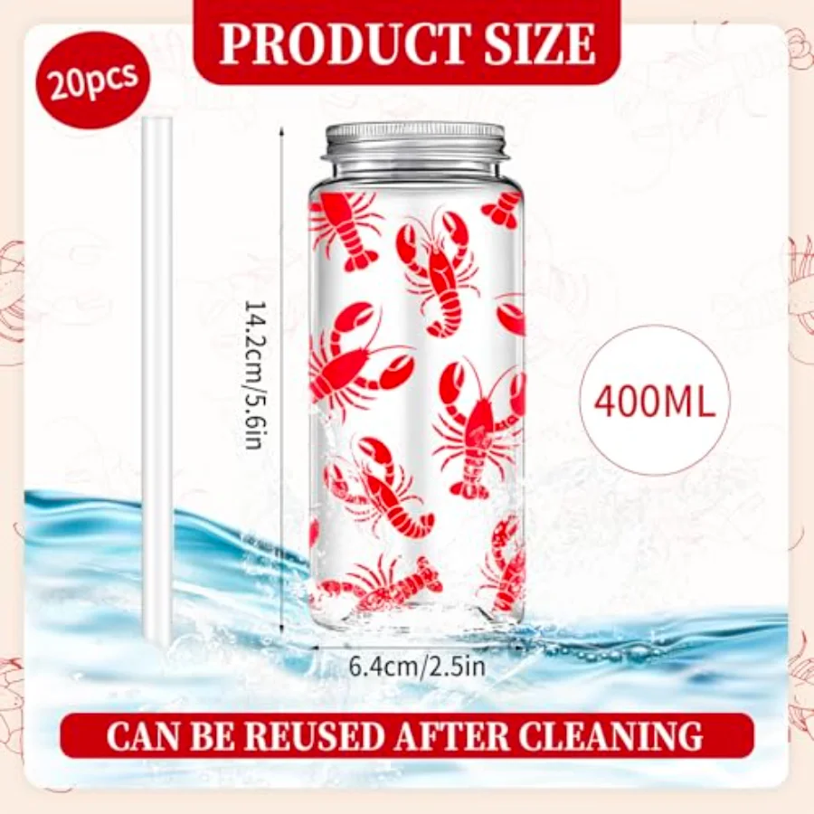 20 Pcs Plastic Crawfish Cups with Lids and Straws 13.5 Oz Lobster Clear, view 2