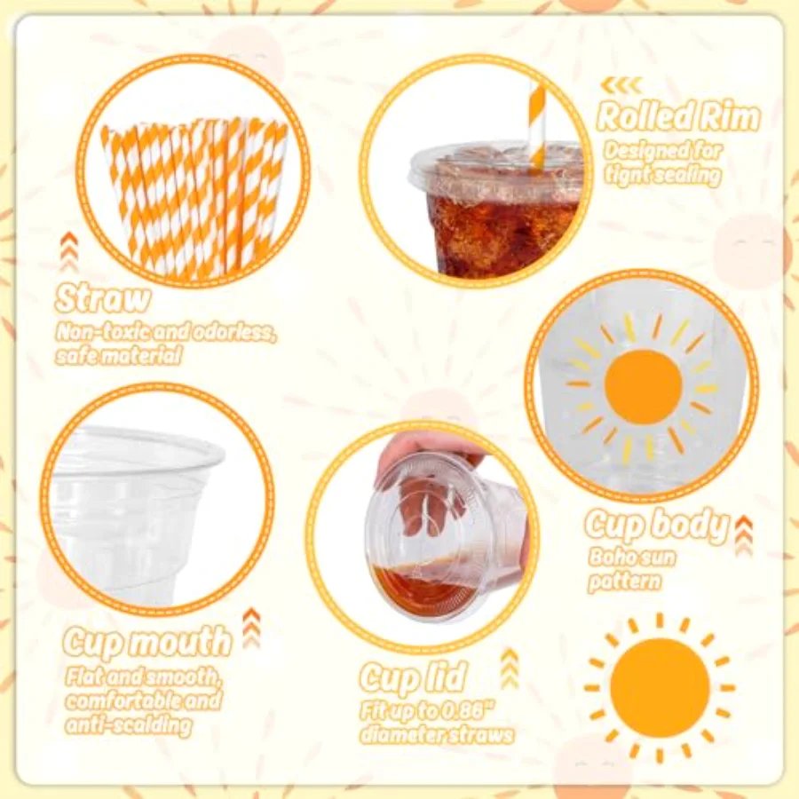 50Pcs Boho Sun Disposable Plastic Cups with Lids and Straws 12 Oz Sunshine, view 3